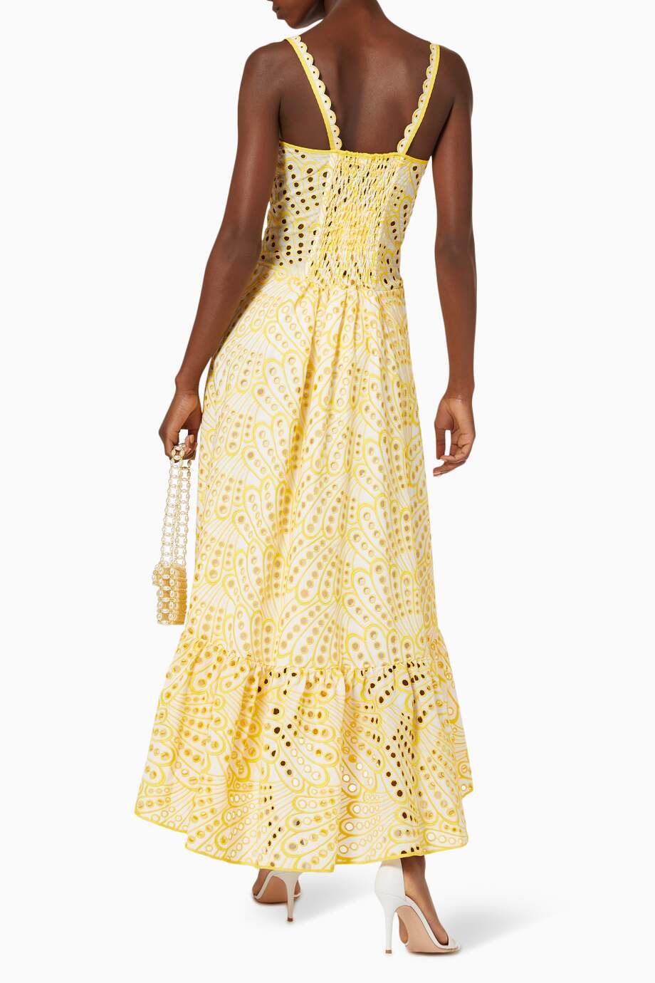 Broderie Anglaise Peacock Feather Print Smocked Back Tiered Maxi Dress