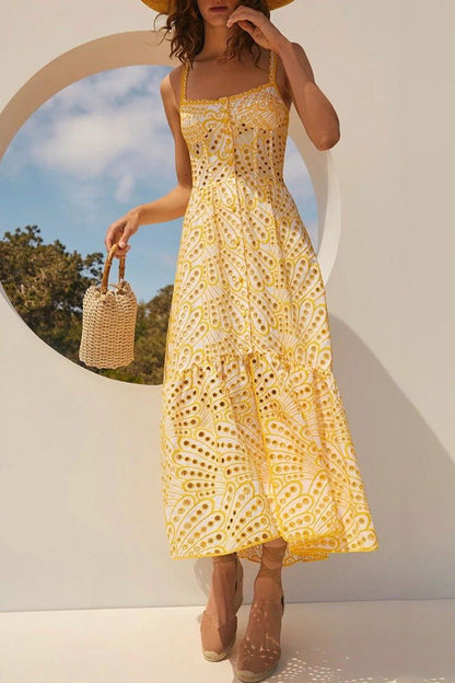 Broderie Anglaise Peacock Feather Print Smocked Back Tiered Maxi Dress