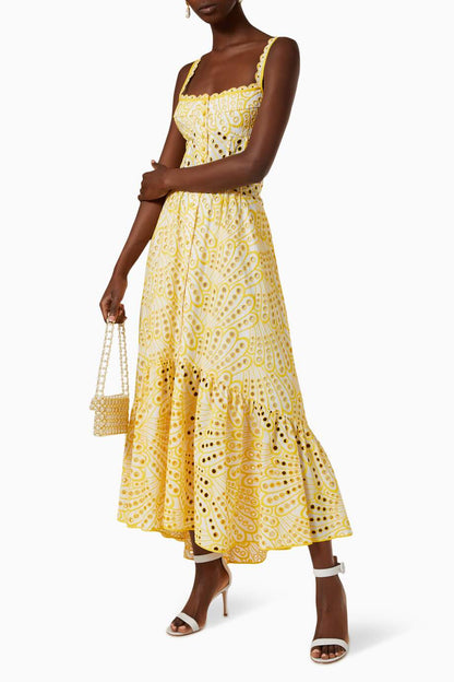 Broderie Anglaise Peacock Feather Print Smocked Back Tiered Maxi Dress