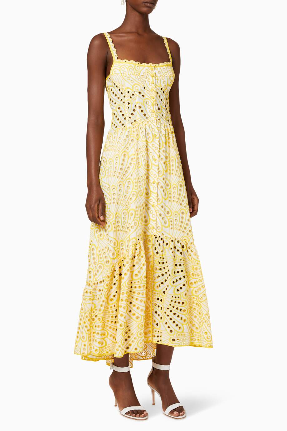 Broderie Anglaise Peacock Feather Print Smocked Back Tiered Maxi Dress