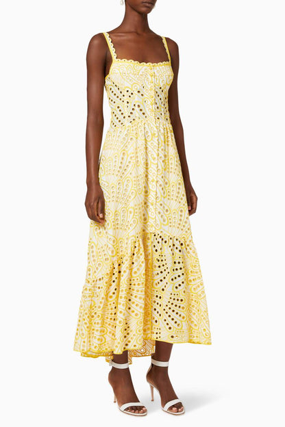 Broderie Anglaise Peacock Feather Print Smocked Back Tiered Maxi Dress