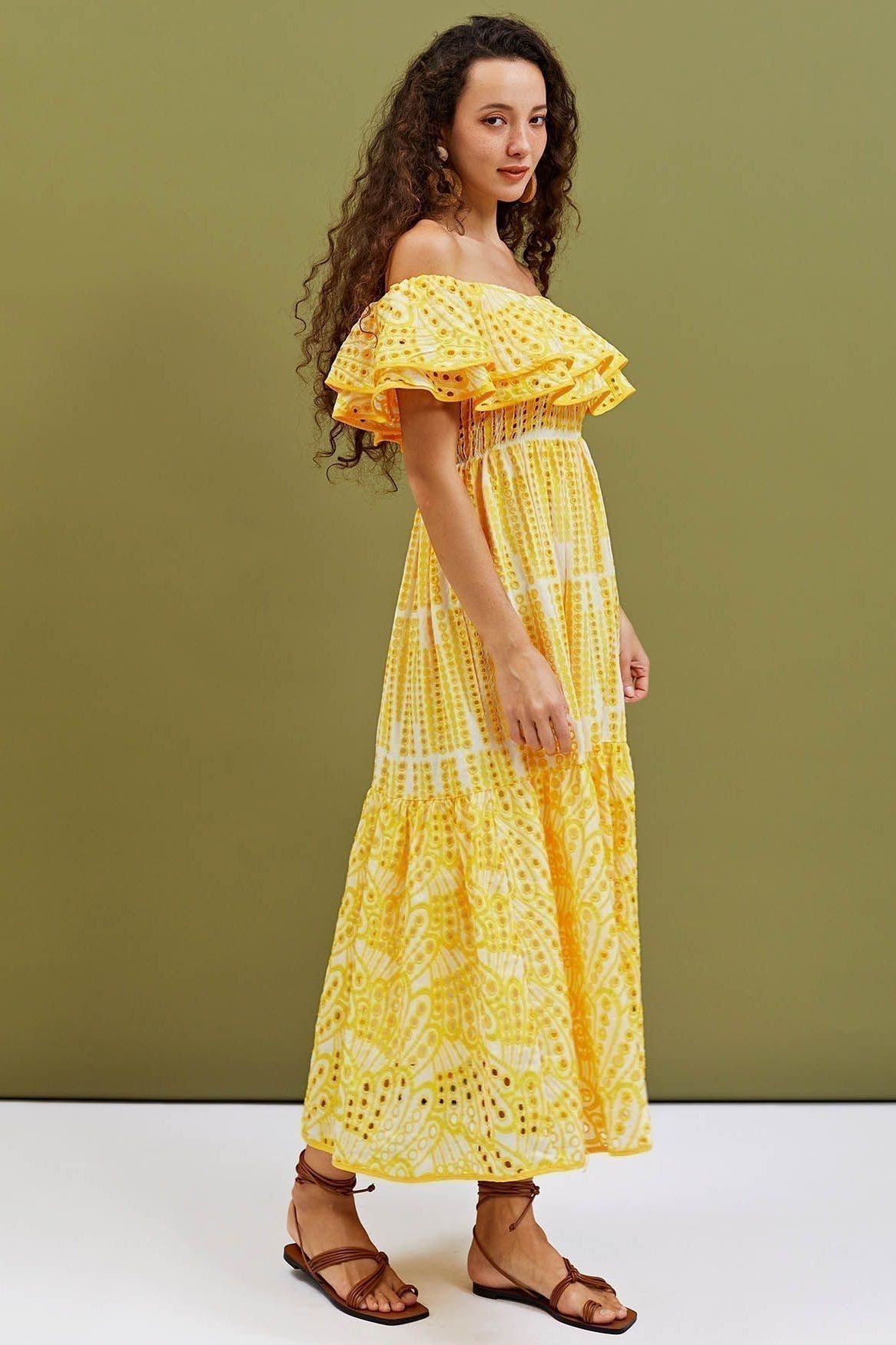 Off-Shoulder Eyelet Lace Ruffle Flounce Smocked Tiered Maxi Dress