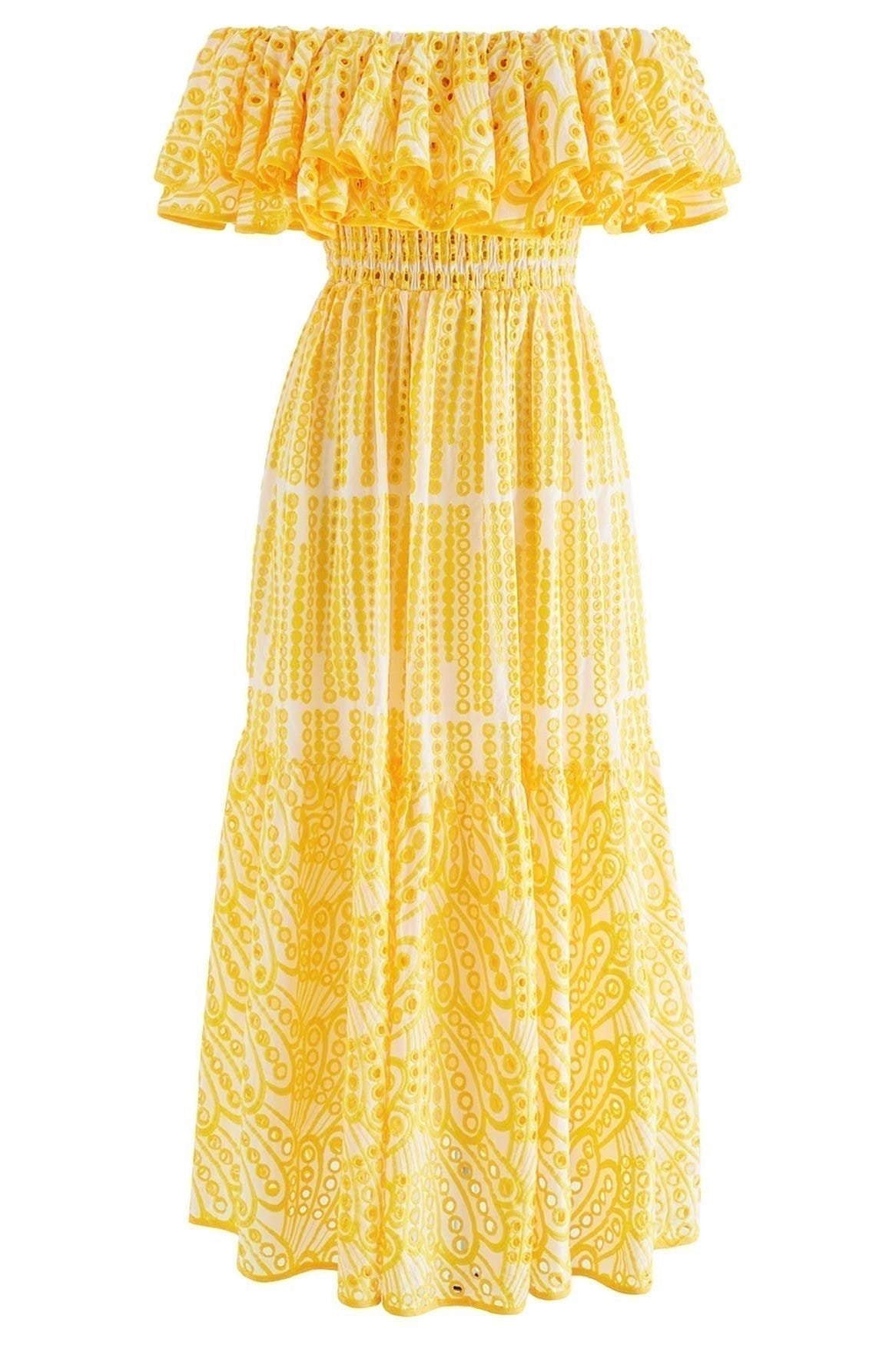 Off-Shoulder Eyelet Lace Ruffle Flounce Smocked Tiered Maxi Dress