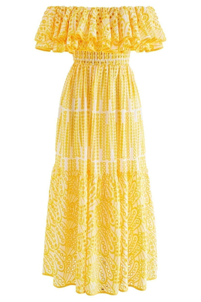 Off-Shoulder Eyelet Lace Ruffle Flounce Smocked Tiered Maxi Dress