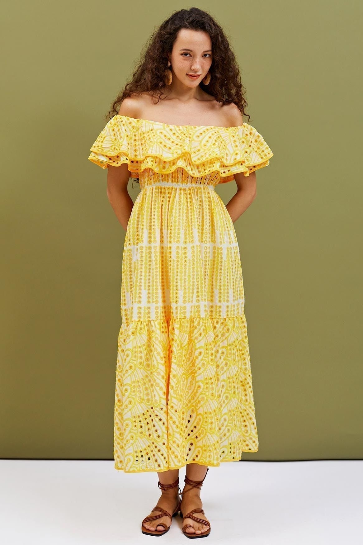 Off-Shoulder Eyelet Lace Ruffle Flounce Smocked Tiered Maxi Dress