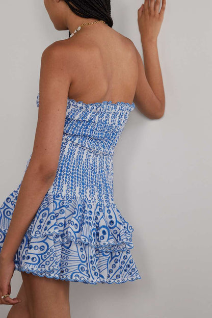 Strapless Smocked Eyelet Embroidery Tiered Ruffle Mini Dress