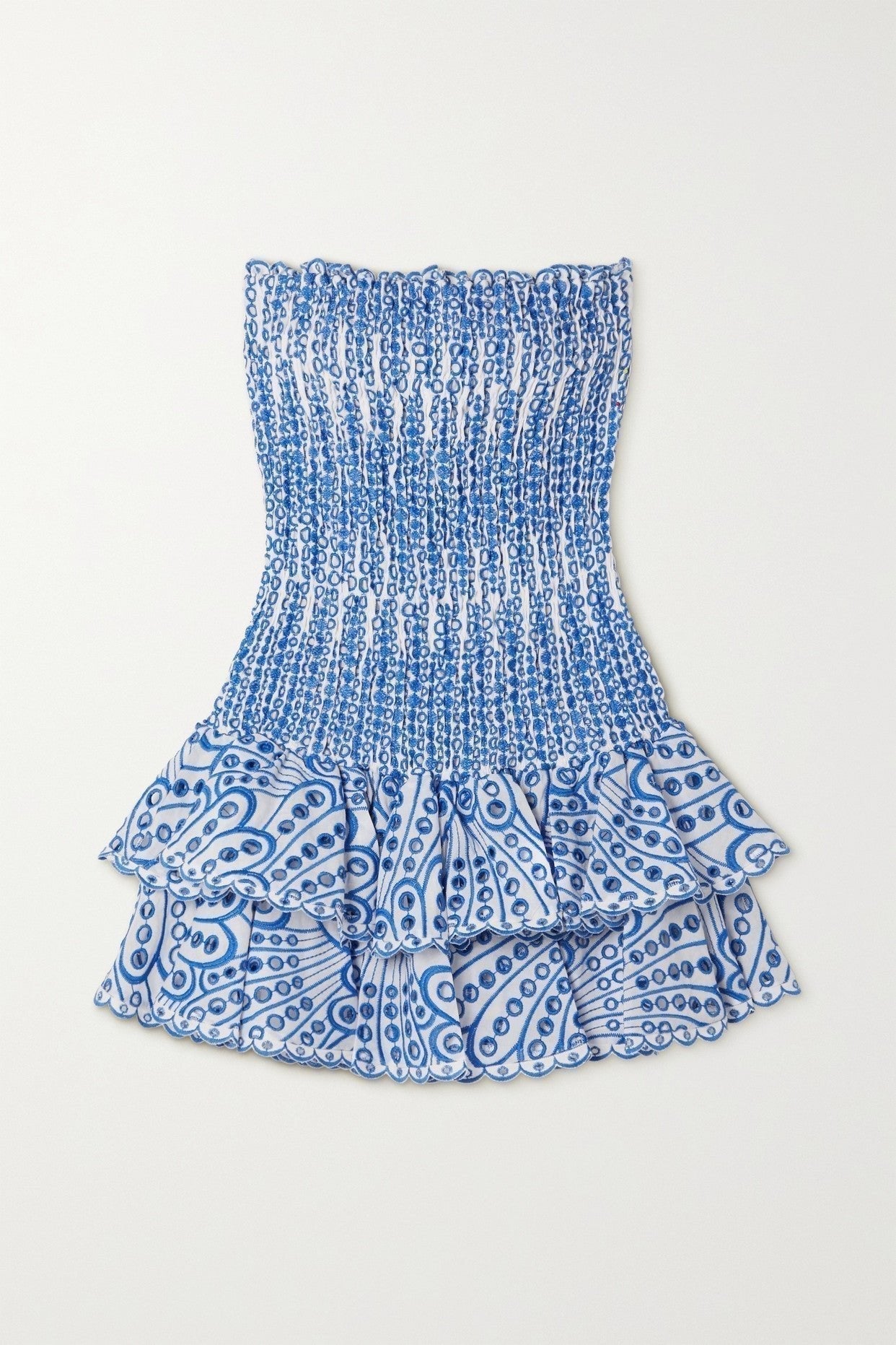 Strapless Smocked Eyelet Embroidery Tiered Ruffle Mini Dress