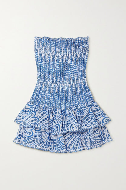 Strapless Smocked Eyelet Embroidery Tiered Ruffle Mini Dress