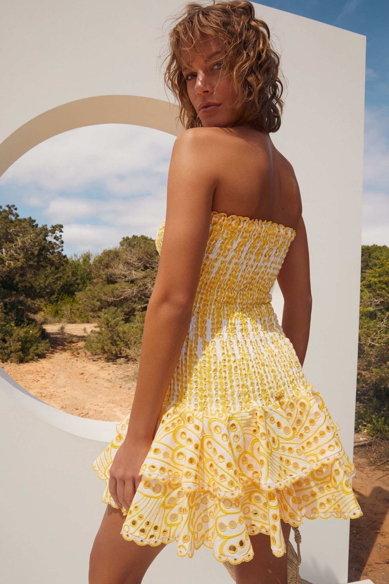 Strapless Smocked Eyelet Embroidery Tiered Ruffle Mini Dress