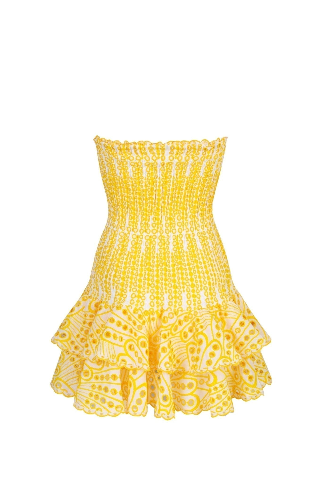 Strapless Smocked Eyelet Embroidery Tiered Ruffle Mini Dress