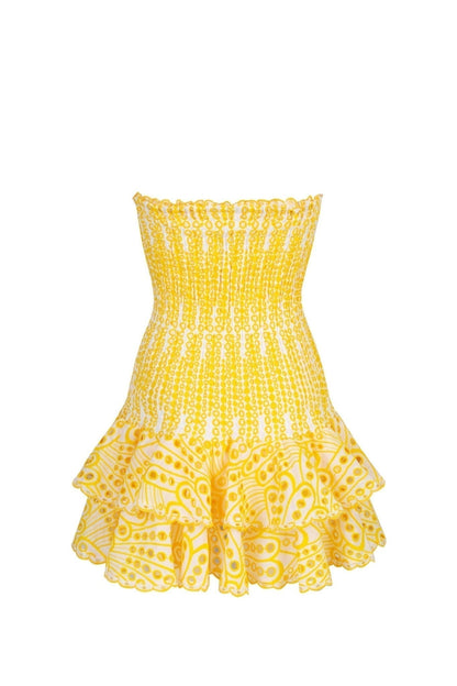 Strapless Smocked Eyelet Embroidery Tiered Ruffle Mini Dress