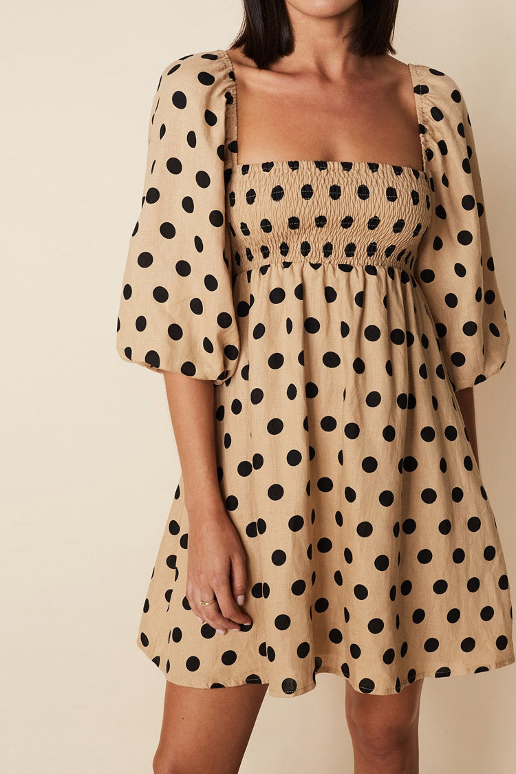 Polka Dot Square Neck Smocked Puff Sleeve Empire Waist Mini Dress
