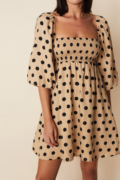 Polka Dot Square Neck Smocked Puff Sleeve Empire Waist Mini Dress