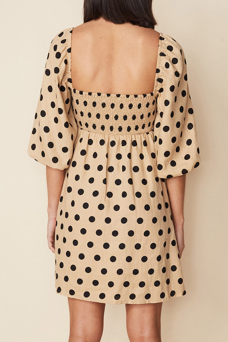 Polka Dot Square Neck Smocked Puff Sleeve Empire Waist Mini Dress