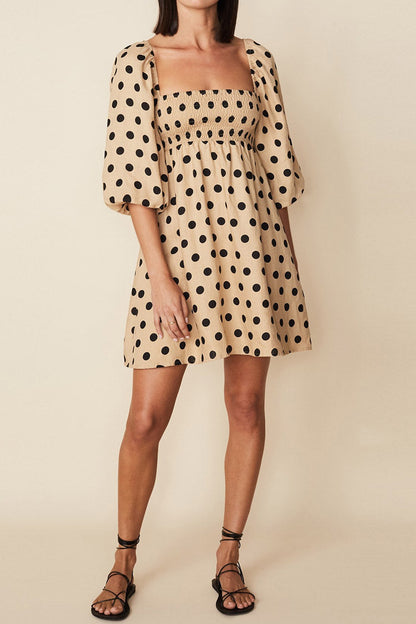 Polka Dot Square Neck Smocked Puff Sleeve Empire Waist Mini Dress