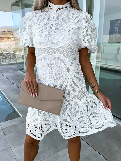 Mock Neck Puff Sleeve Lace Scalloped Hem Mini Dress