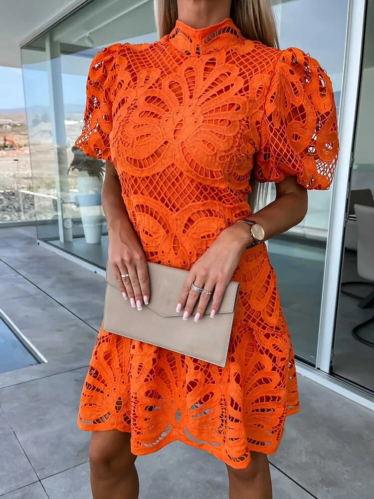 Mock Neck Puff Sleeve Lace Scalloped Hem Mini Dress