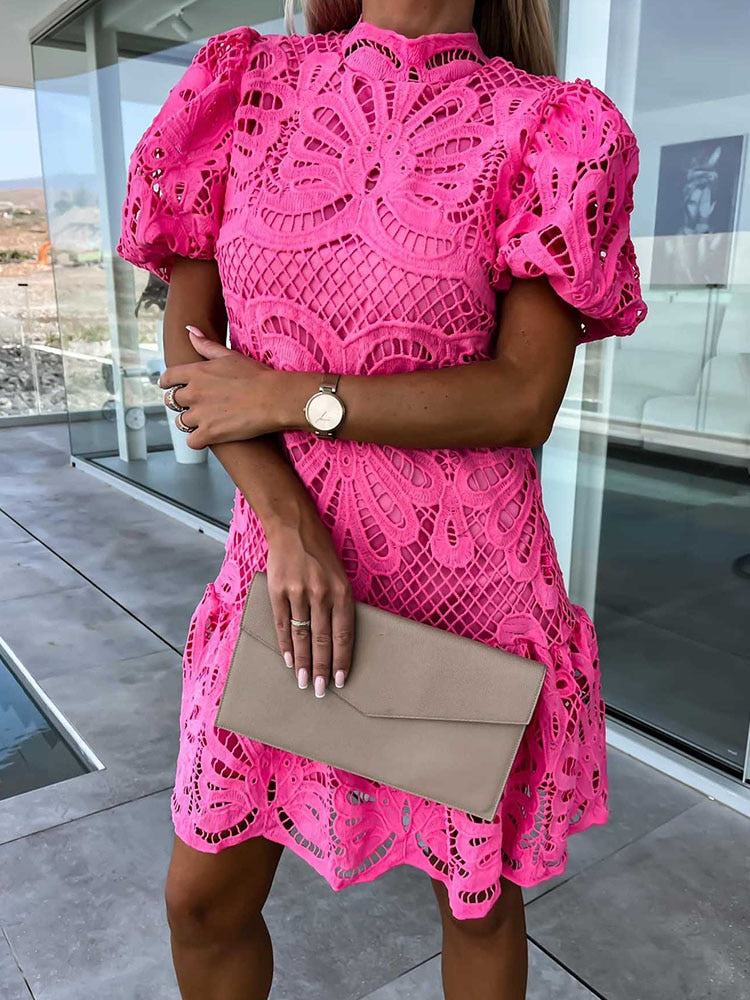 Mock Neck Puff Sleeve Lace Scalloped Hem Mini Dress