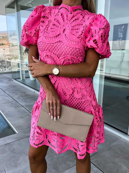 Mock Neck Puff Sleeve Lace Scalloped Hem Mini Dress