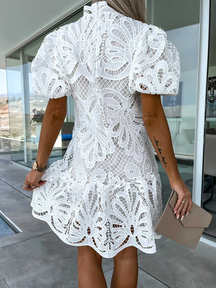 Mock Neck Puff Sleeve Lace Scalloped Hem Mini Dress