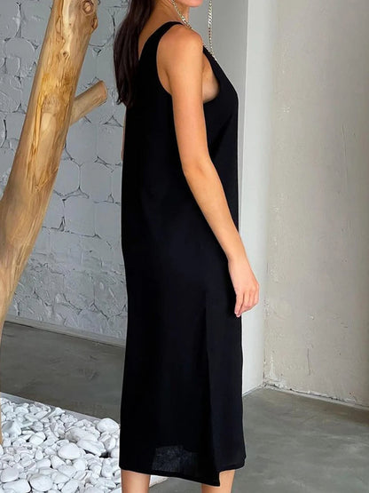 Linen Blend Deep V-Neck Button Front Patch Pocket Sleeveless Shift Dress