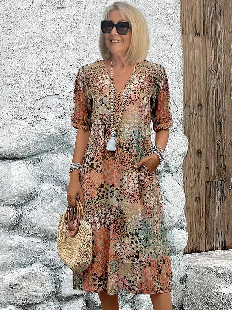 Deep V Neck Crochet Lace Trim Elbow Sleeve Spotted Print Empire Waist Midi Dress