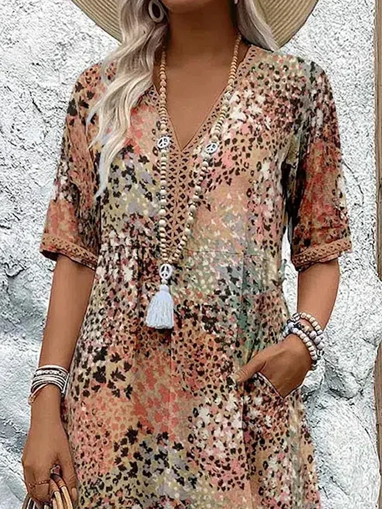 Deep V Neck Crochet Lace Trim Elbow Sleeve Spotted Print Empire Waist Midi Dress