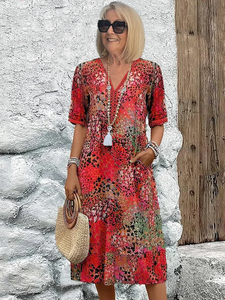 Deep V Neck Crochet Lace Trim Elbow Sleeve Spotted Print Empire Waist Midi Dress