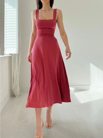 Scoop Neck Tank Strap Fitted Waist Flared A-Line Maxi Dress