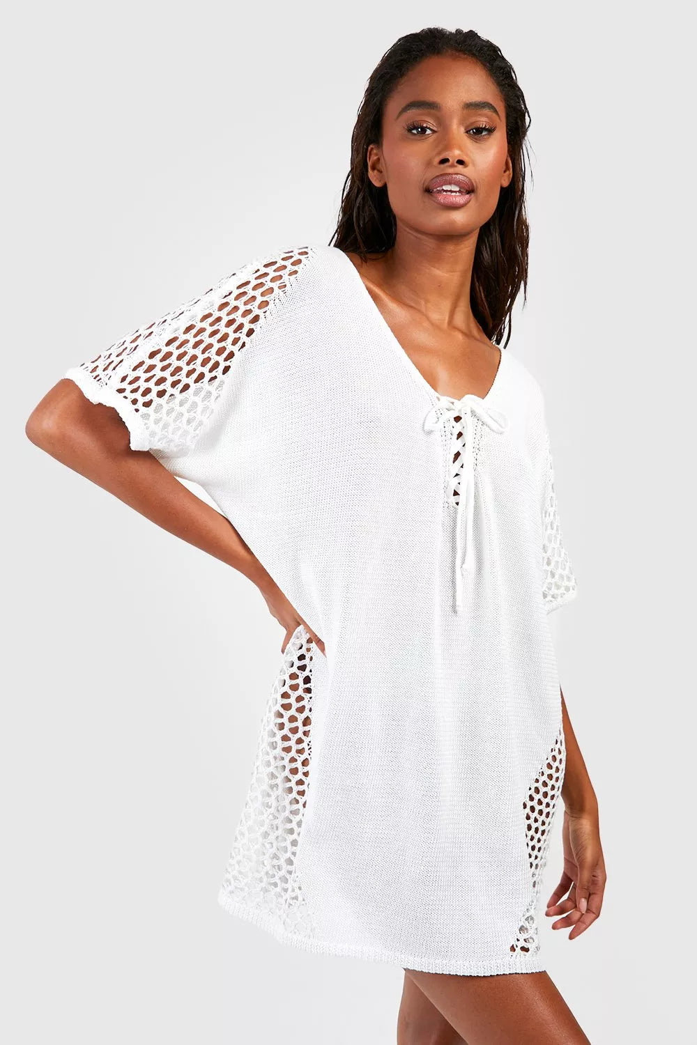 Round Neck Crochet Mesh Panel Oversized Knit Cover-Up Mini Dress
