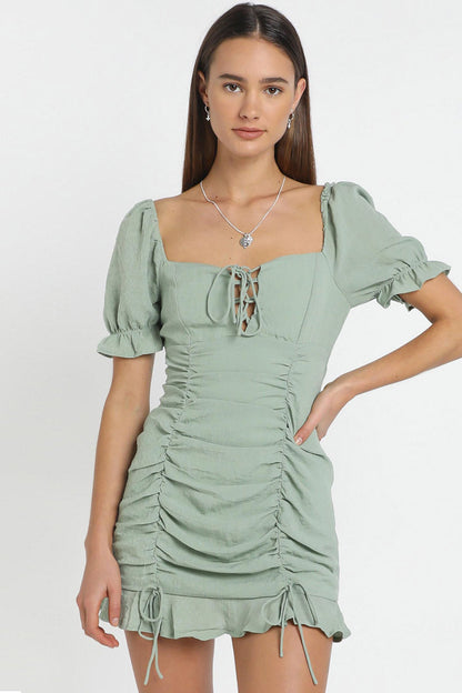 Square Neck Lace Up Keyhole Puff Sleeve Ruched Drawstring Mini Dress
