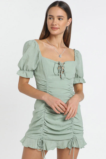 Square Neck Lace Up Keyhole Puff Sleeve Ruched Drawstring Mini Dress