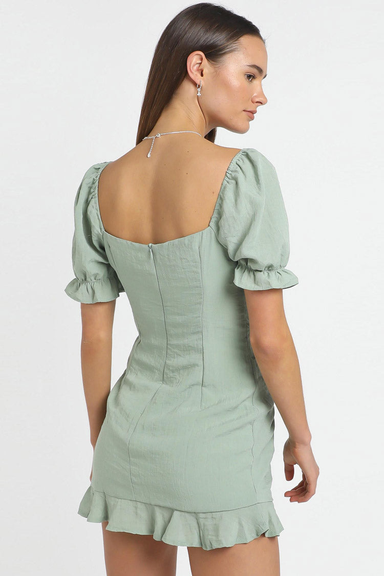 Square Neck Lace Up Keyhole Puff Sleeve Ruched Drawstring Mini Dress