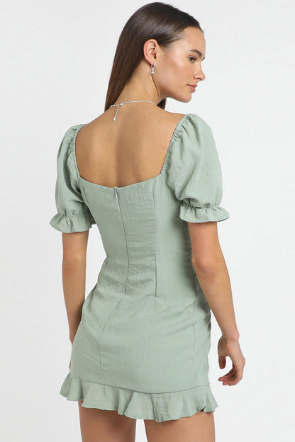 Square Neck Lace Up Keyhole Puff Sleeve Ruched Drawstring Mini Dress
