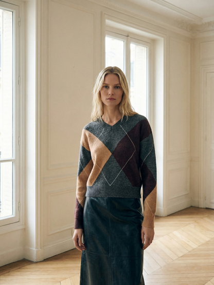 Geometric Plaid Fuzzy Knit Sweater V Neck Loose Casual Warm Autumn Winter