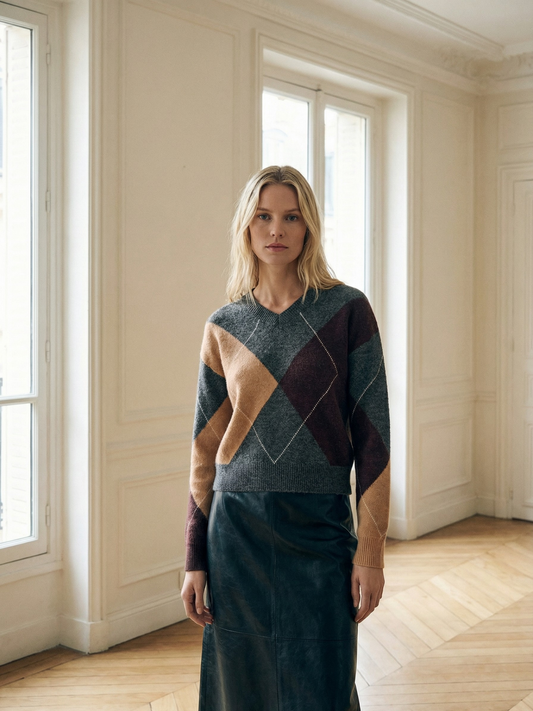 Geometric Plaid Fuzzy Knit Sweater V Neck Loose Casual Warm Autumn Winter