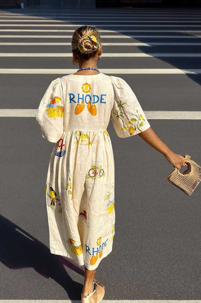 Tropical Graphic Print Button Down V-Neck Flutter Sleeve Midi Dress