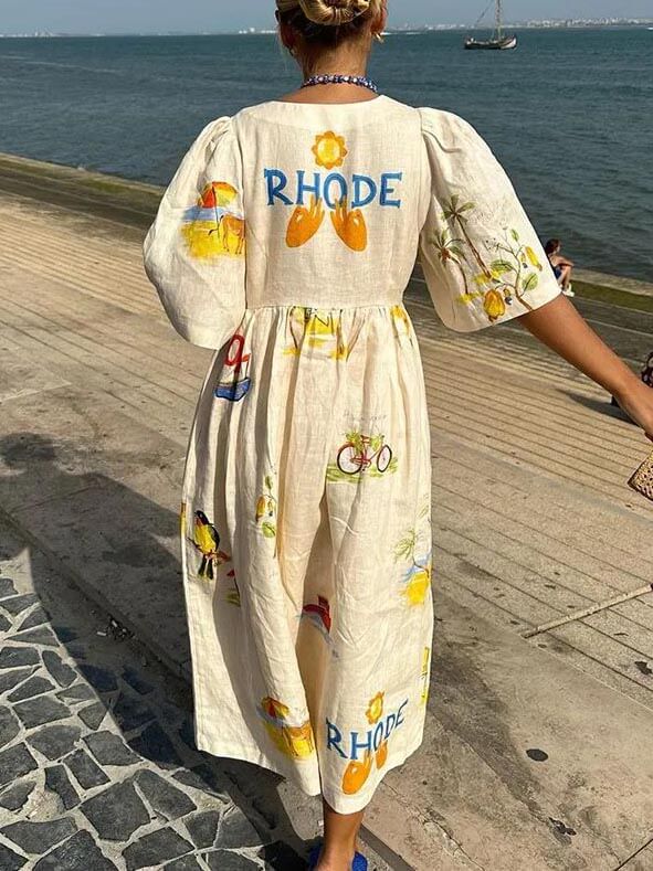 Deep V-Neck Puff Sleeve Button Front Tropical Print Midi Dress