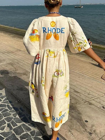 Deep V-Neck Puff Sleeve Button Front Tropical Print Midi Dress