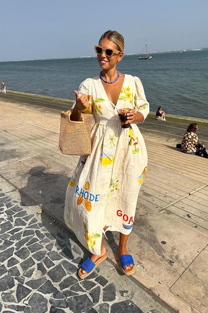 Tropical Graphic Print V-Neck Puff Sleeve Button Front Linen Look Midi Dress