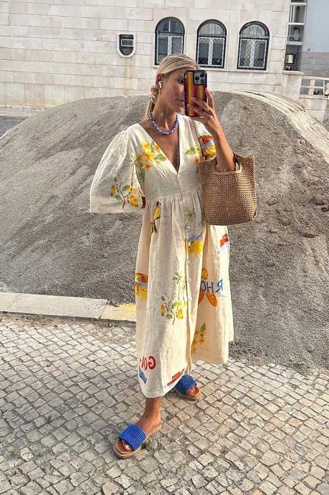Tropical Graphic Print Button Down V-Neck Flutter Sleeve Midi Dress