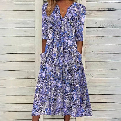 Boho Floral Paisley Print Henley Button Half Sleeve Pocket Midi Dress