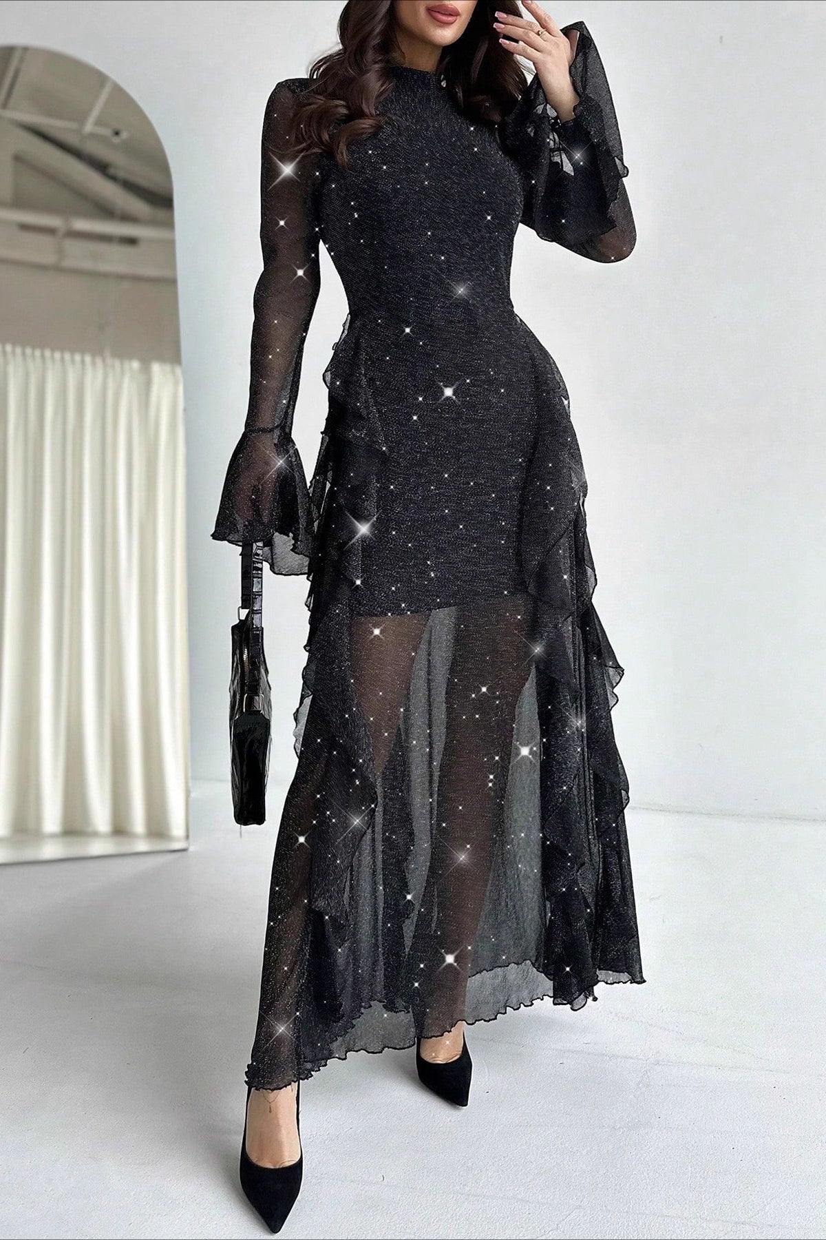 Mock Neck Glitter Mesh Flared Cuff Tiered Ruffle Mermaid Maxi Gown