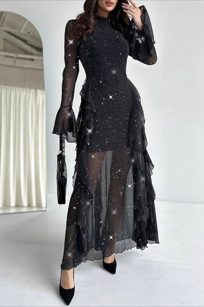 Mock Neck Glitter Mesh Flared Cuff Tiered Ruffle Mermaid Maxi Gown