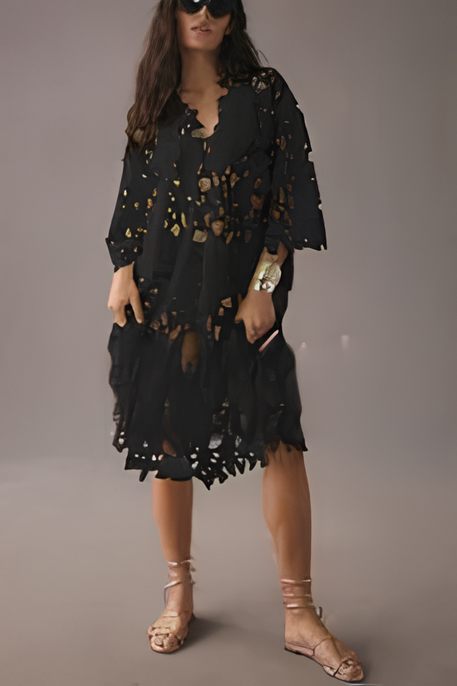 Floral Eyelet Laser-Cut Scalloped V-Neck Oversized Kaftan Maxi Dress