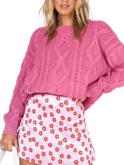 Solid Crew Neck Cable Knit Sweater