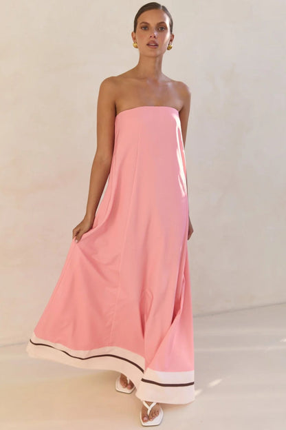 Strapless Tube Contrast Band A-Line Maxi Dress
