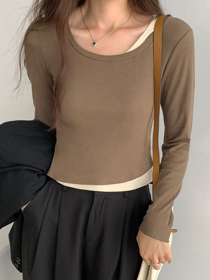 Contrast Color Fake Two Piece Long Sleeve Knit