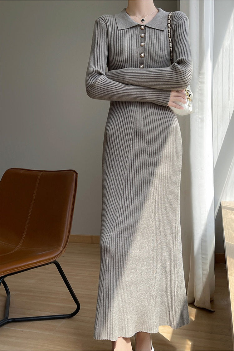 Rib Knit Polo Collar Pearl Button Long Sleeve Maxi Sweater Dress
