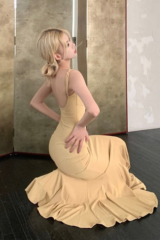 Spaghetti Strap Scoop Back Mermaid Ruffle Hem Maxi Dress